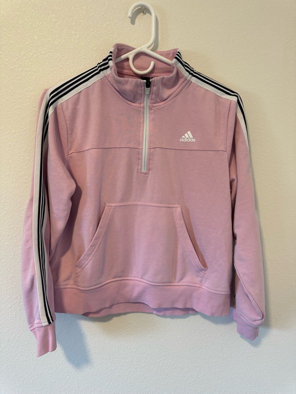 Girls Adidas Pink 1/4 Zip Pullover with Classic Black Stripes